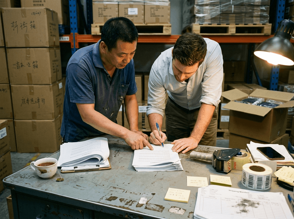 A contract signed on a metal desk inside a working Chinese distribution warehouse, branded boxes on pallets behind