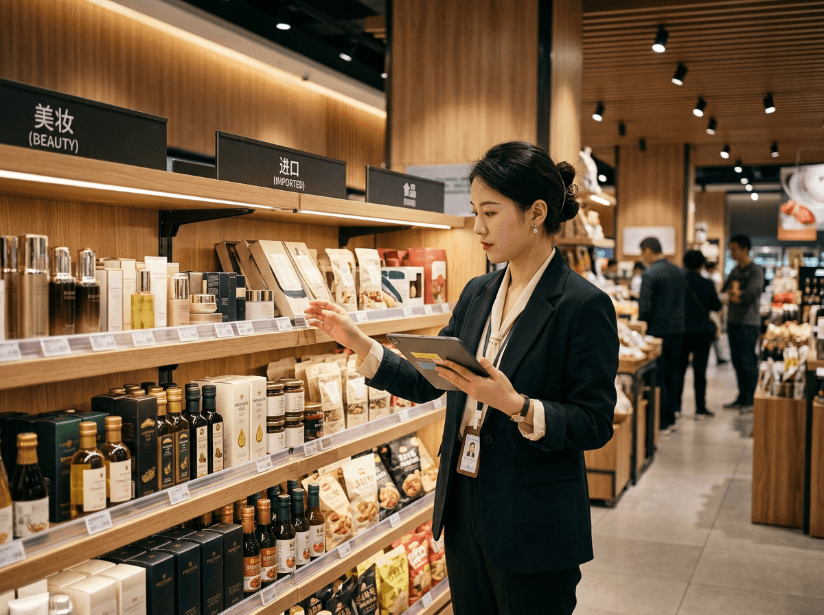 A Chinese buyer inspecting premium imported brand placement on a tier-1 city supermarket shelf
