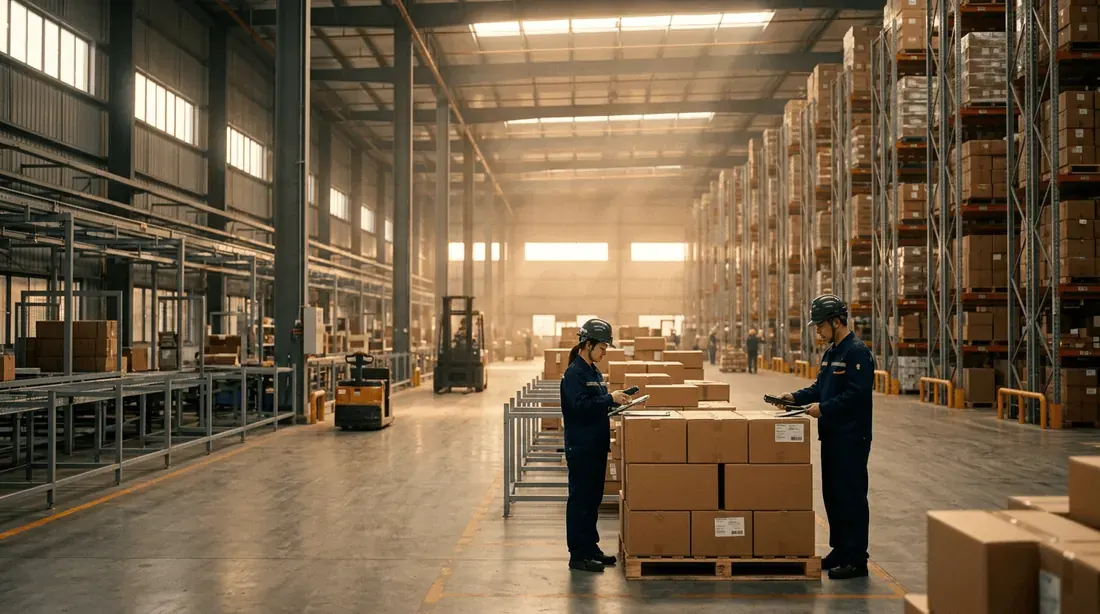 A distribution warehouse in China with palletised products ready for retail