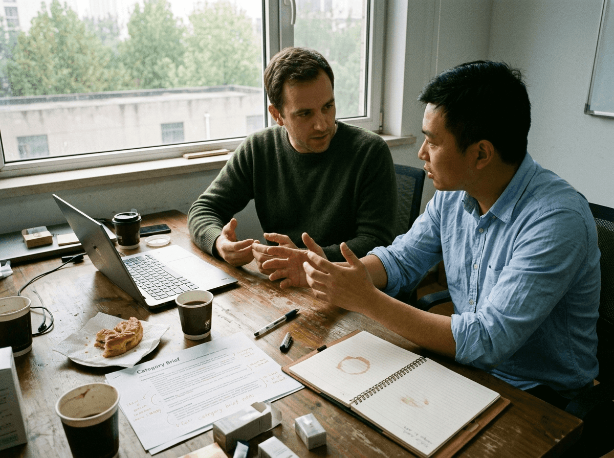 A foreign brand founder and a Chinese distribution consultant reviewing a category brief in a Shanghai conference room