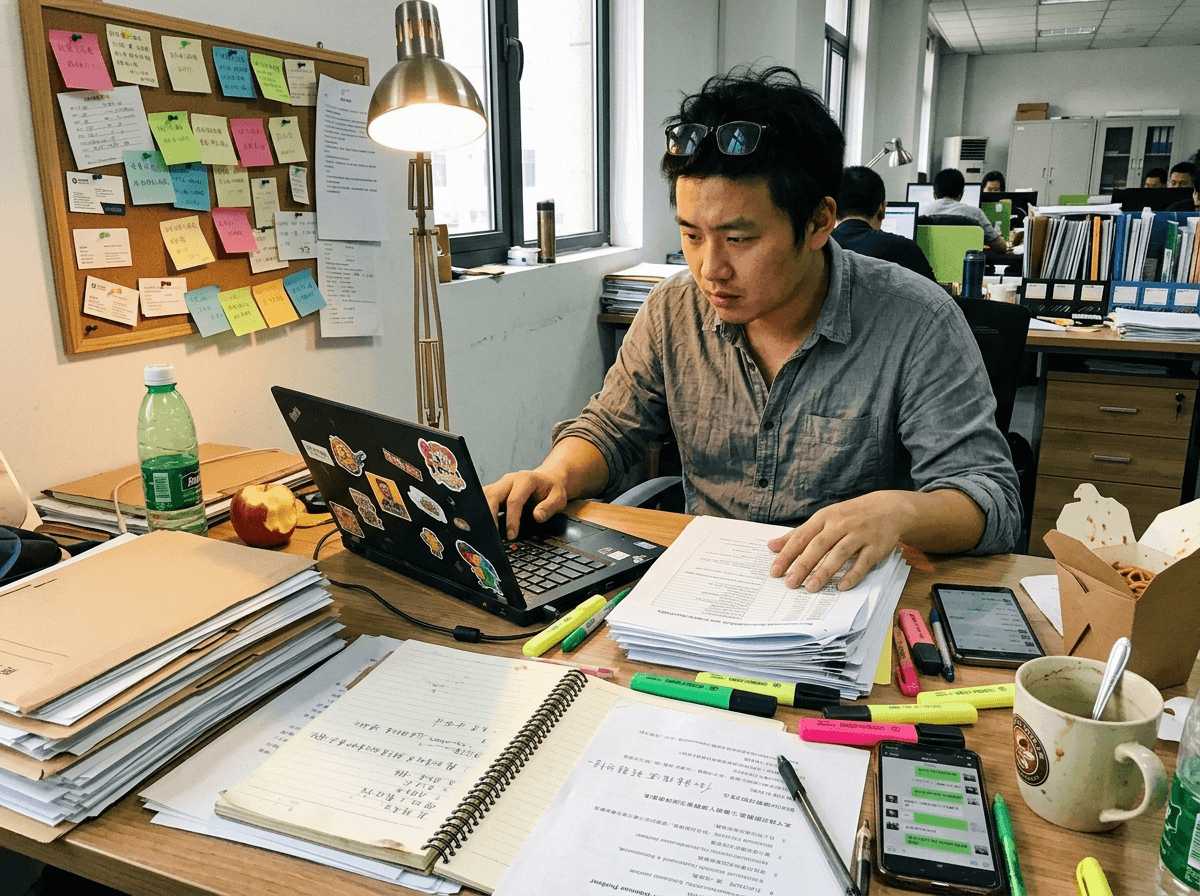 A senior consultant reviewing eight to twelve distributor partner profiles on a desk and laptop in Shanghai