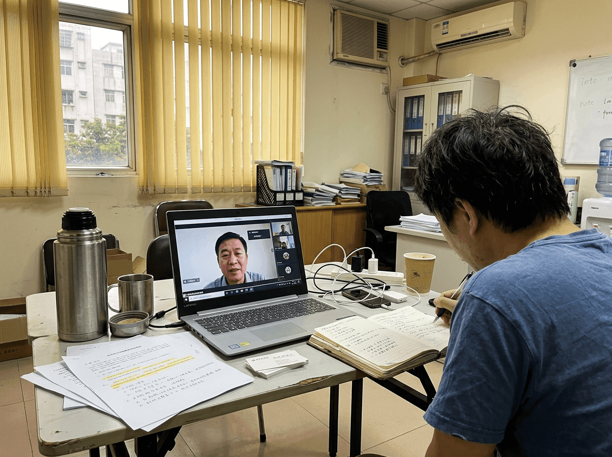 A video call between a foreign brand team and a Chinese distributor candidate, shortlist printouts on the desk