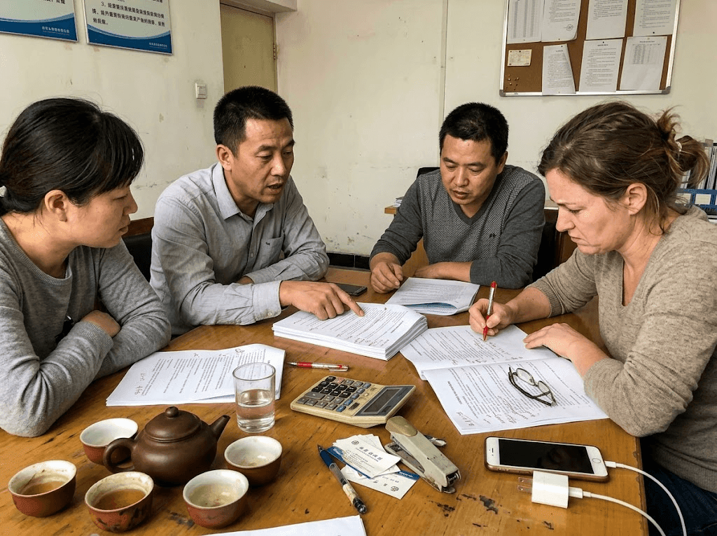 A contract negotiation moment between two parties at a polished conference table in a Shanghai law firm