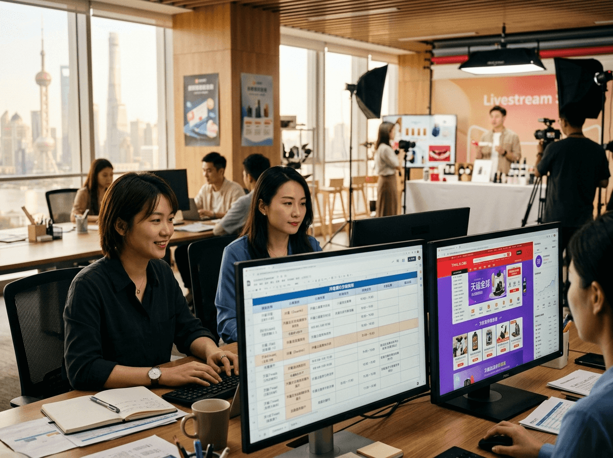A Chinese marketing team running Tmall and Douyin operations for a foreign brand in a Shanghai office