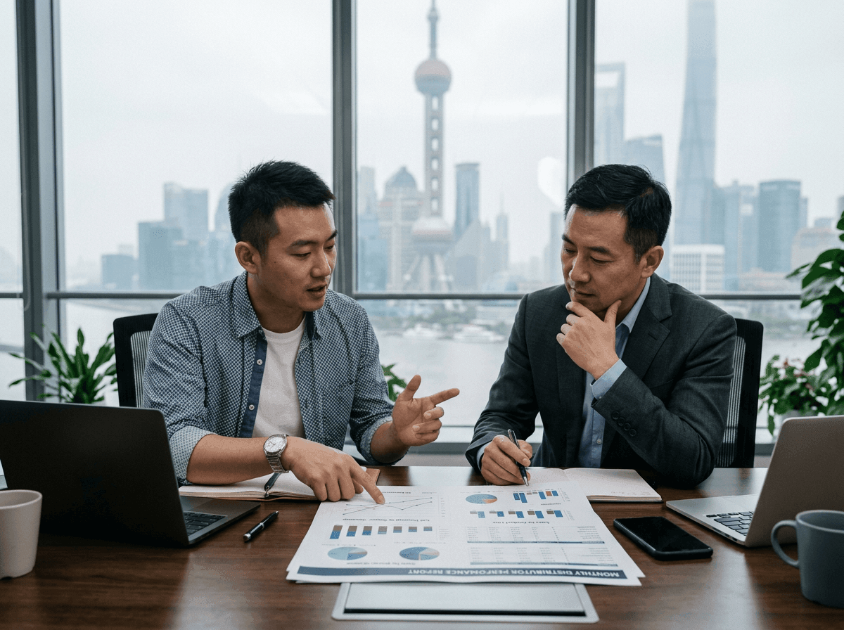 A Chinese sales agent reviewing distributor reports with a foreign brand operator in a Shanghai office