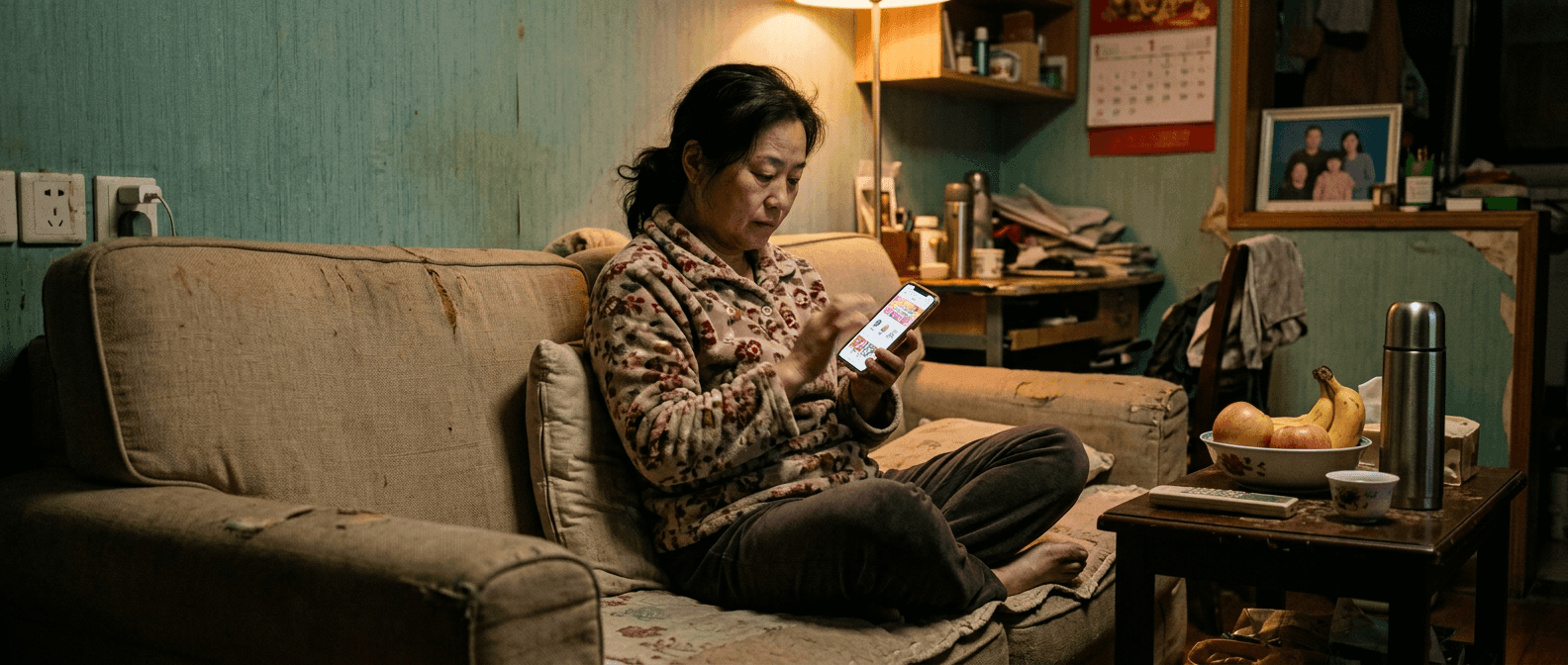 A shopper in a tier-3 Chinese city browsing eCommerce on a smartphone at home