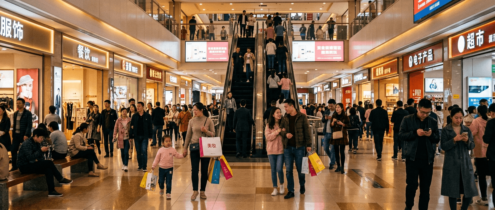 Families and shoppers inside a busy shopping mall in a tier-3 Chinese city