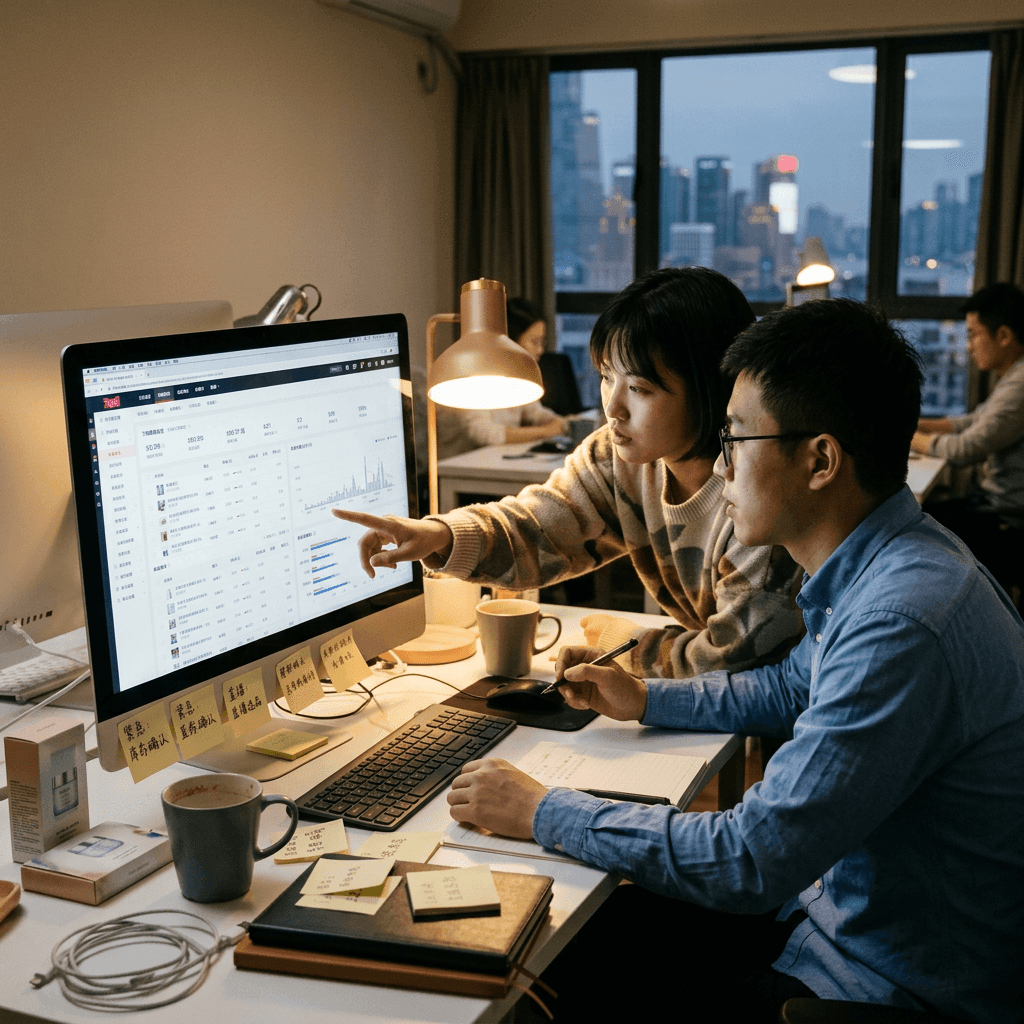 Two Chinese eCommerce operators reviewing a Tmall flagship dashboard at a Shanghai desk in the evening