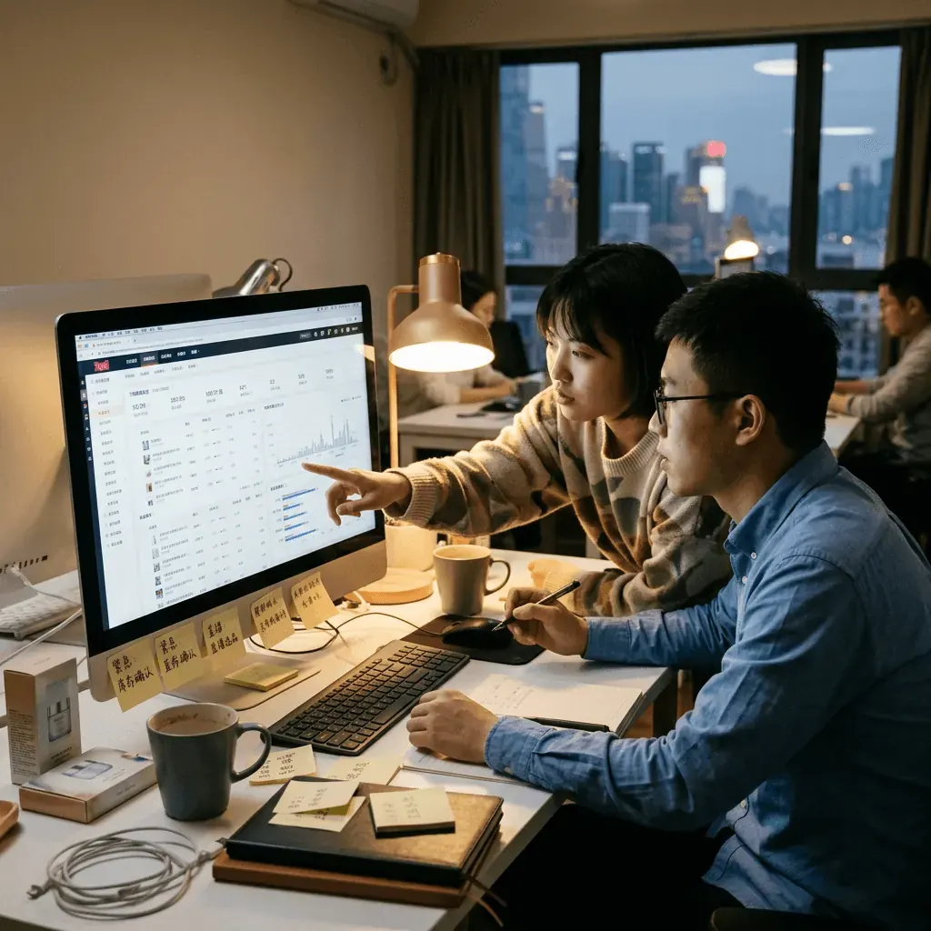 A strategy session in a Chinese office, market entry roadmap on the table