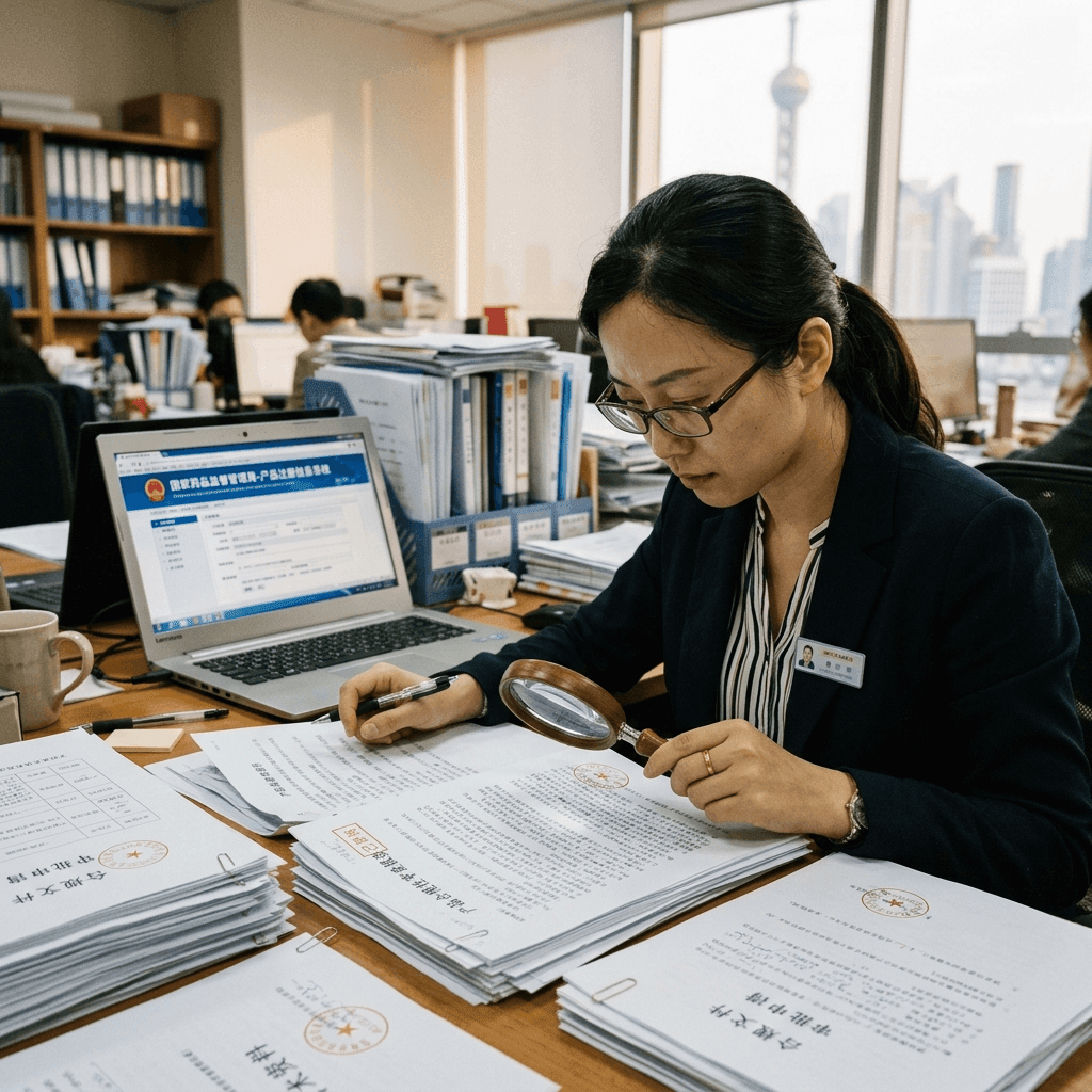 A regulatory specialist reviewing product compliance documents in a Shanghai office