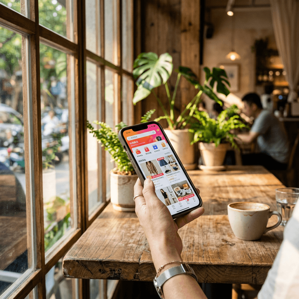 A consumer scrolling a Chinese eCommerce app on a smartphone in a Shanghai cafe