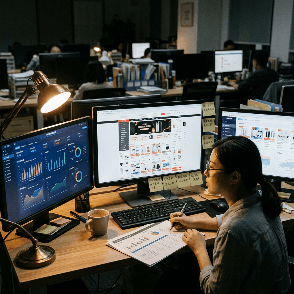 A market analyst reviewing competitor dashboards on three monitors in an evening Shanghai office