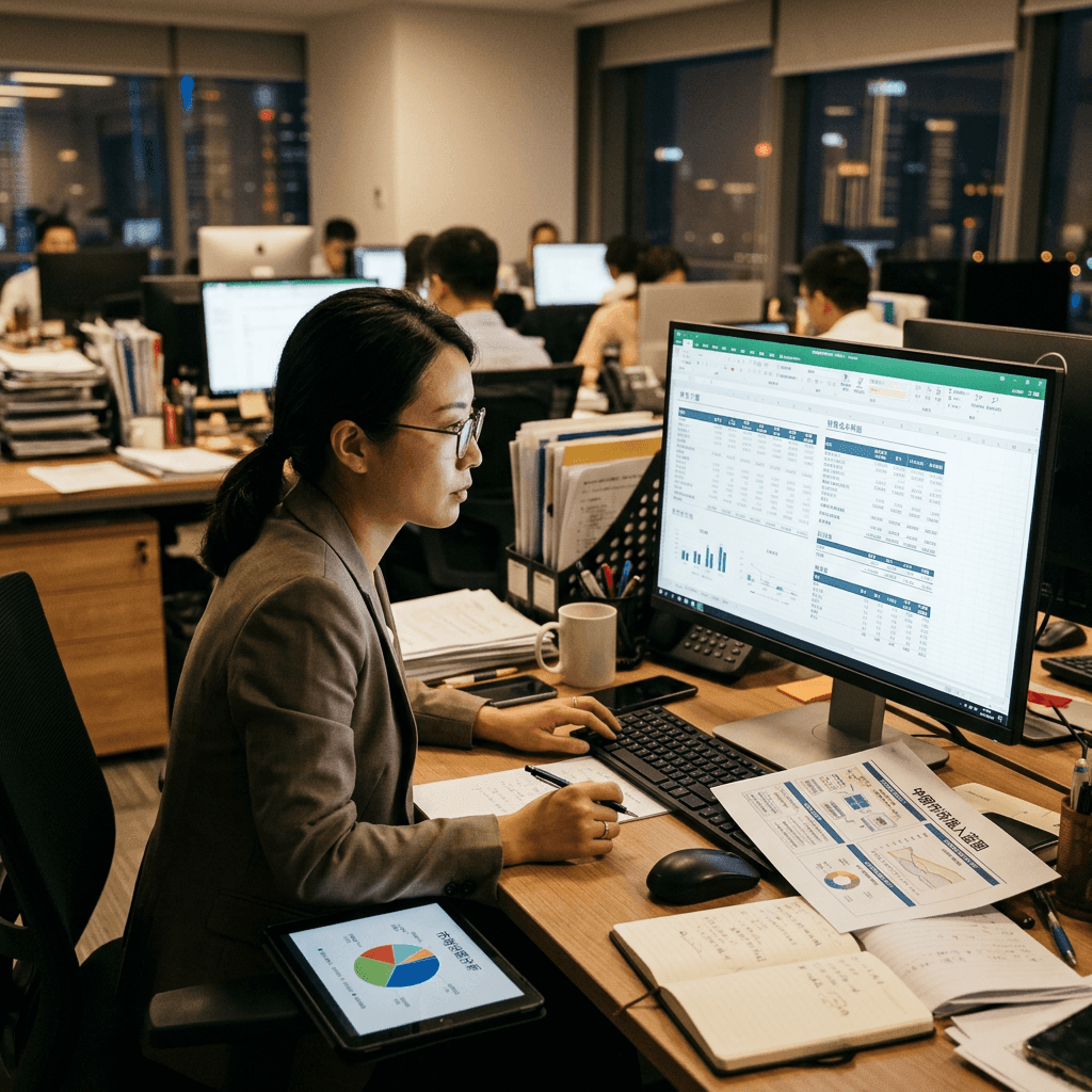 A finance analyst reviewing a China market entry financial model on a desktop in a Shanghai office