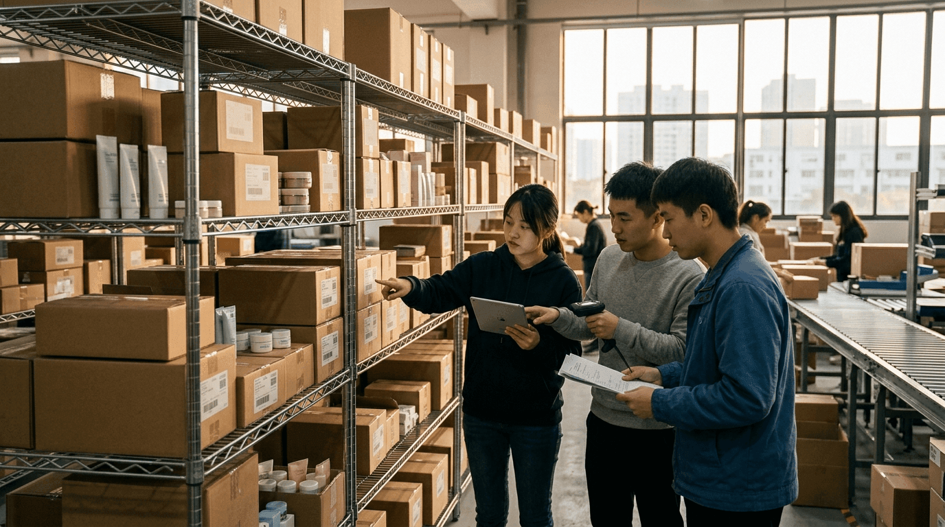 A Chinese eCommerce distributor team reviewing inventory in a Shanghai fulfillment warehouse