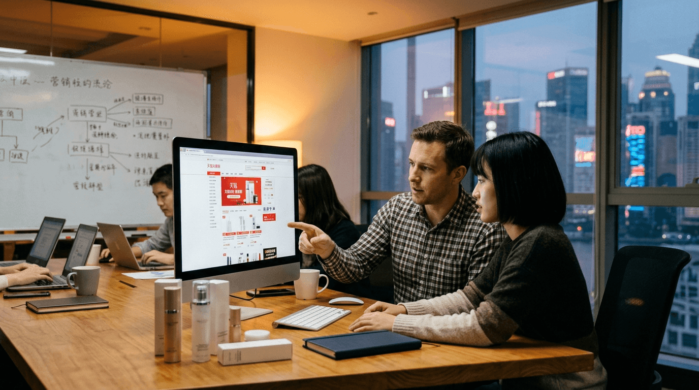 A foreign brand manager and Chinese operator reviewing a Tmall flagship dashboard in a Shanghai office