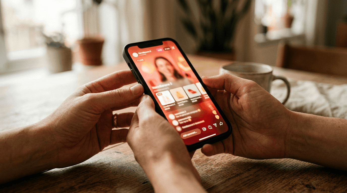 Hands holding a smartphone showing a Chinese livestream commerce stream
