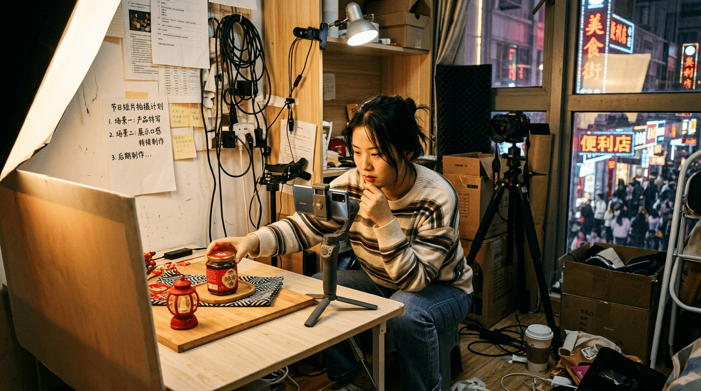 A small studio shooting a festival short video, product on a lit table, phone on a gimbal, Mandarin shot-list taped to the wall