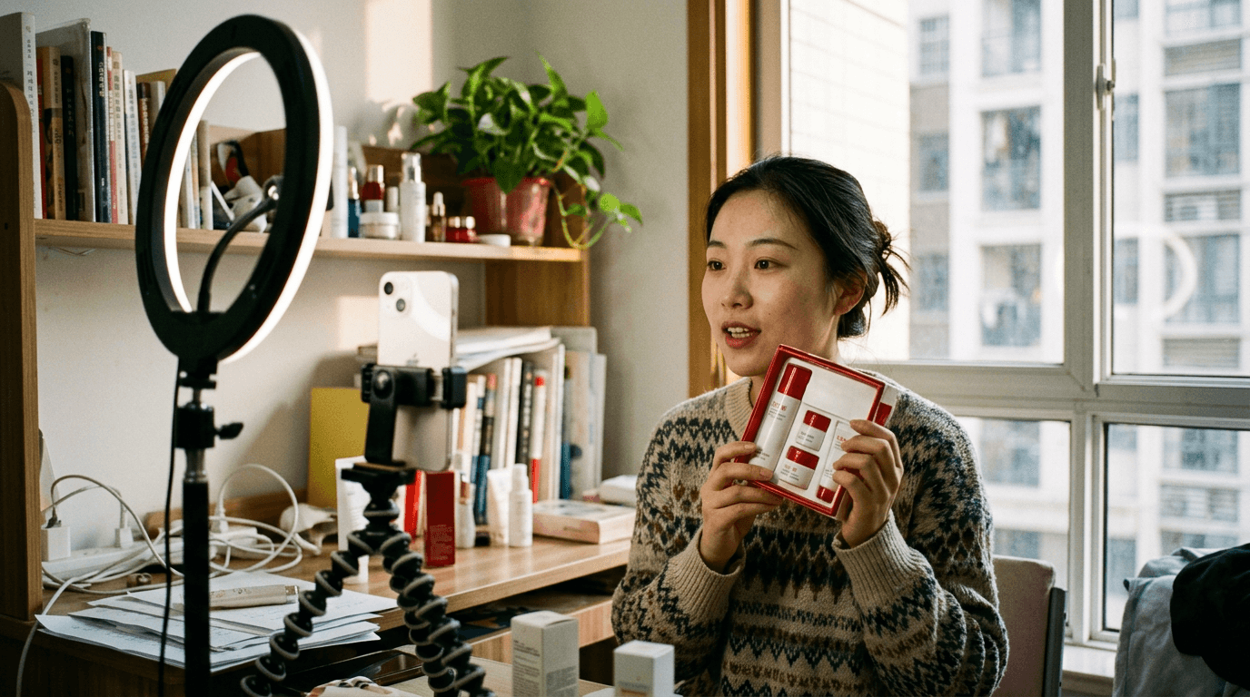 A mid-tier Chinese creator filming a product review for a festival push at home by a window, ring light, afternoon light mixing in