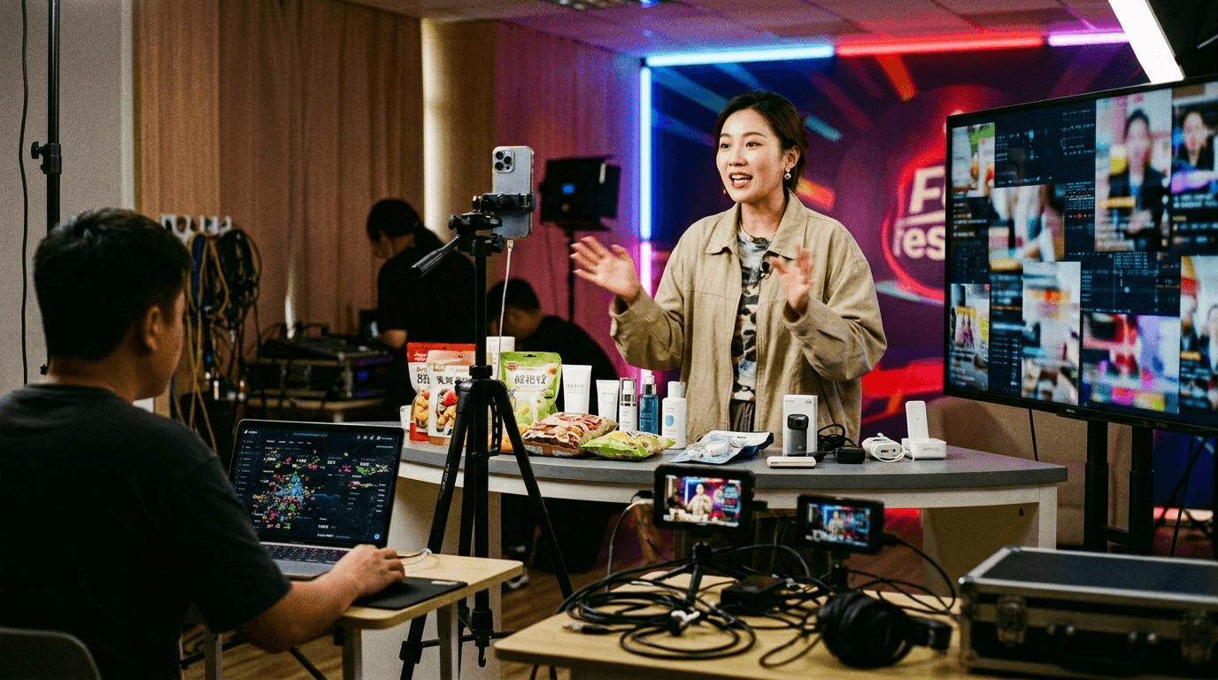 A Douyin livestream room mid-session during a festival, host gesturing at camera, festival countdown graphic on a side monitor