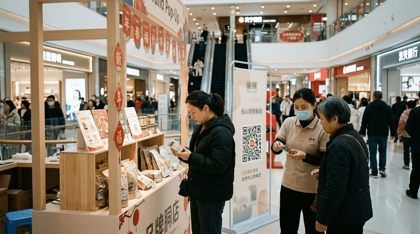 A brand pop-up in a Chinese shopping mall tied to a festival, shoppers stopping at the stand, a QR standee linking to the online store