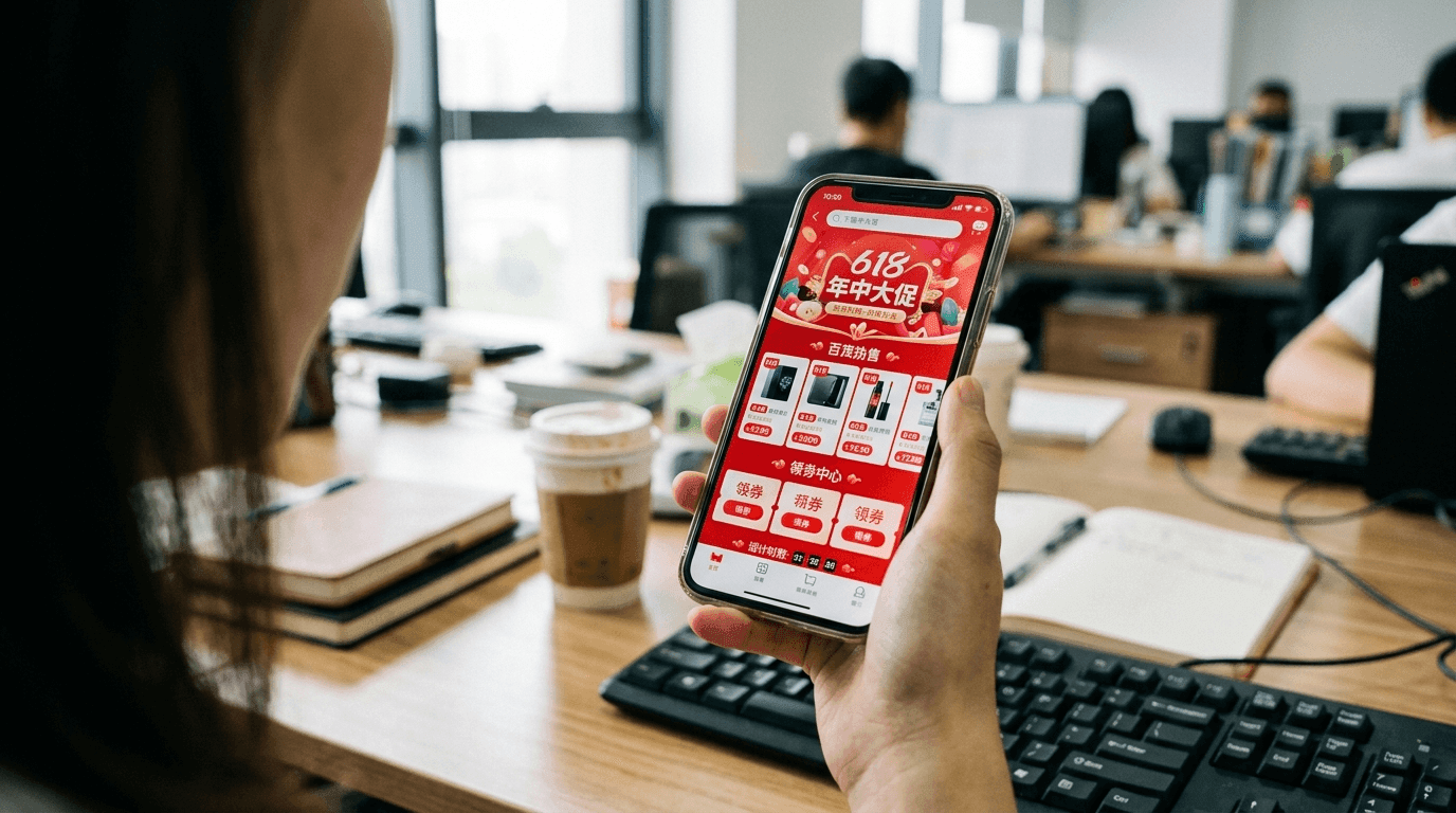 A phone showing a brand’s Tmall festival storefront mid-campaign, held in one hand in a Chinese office