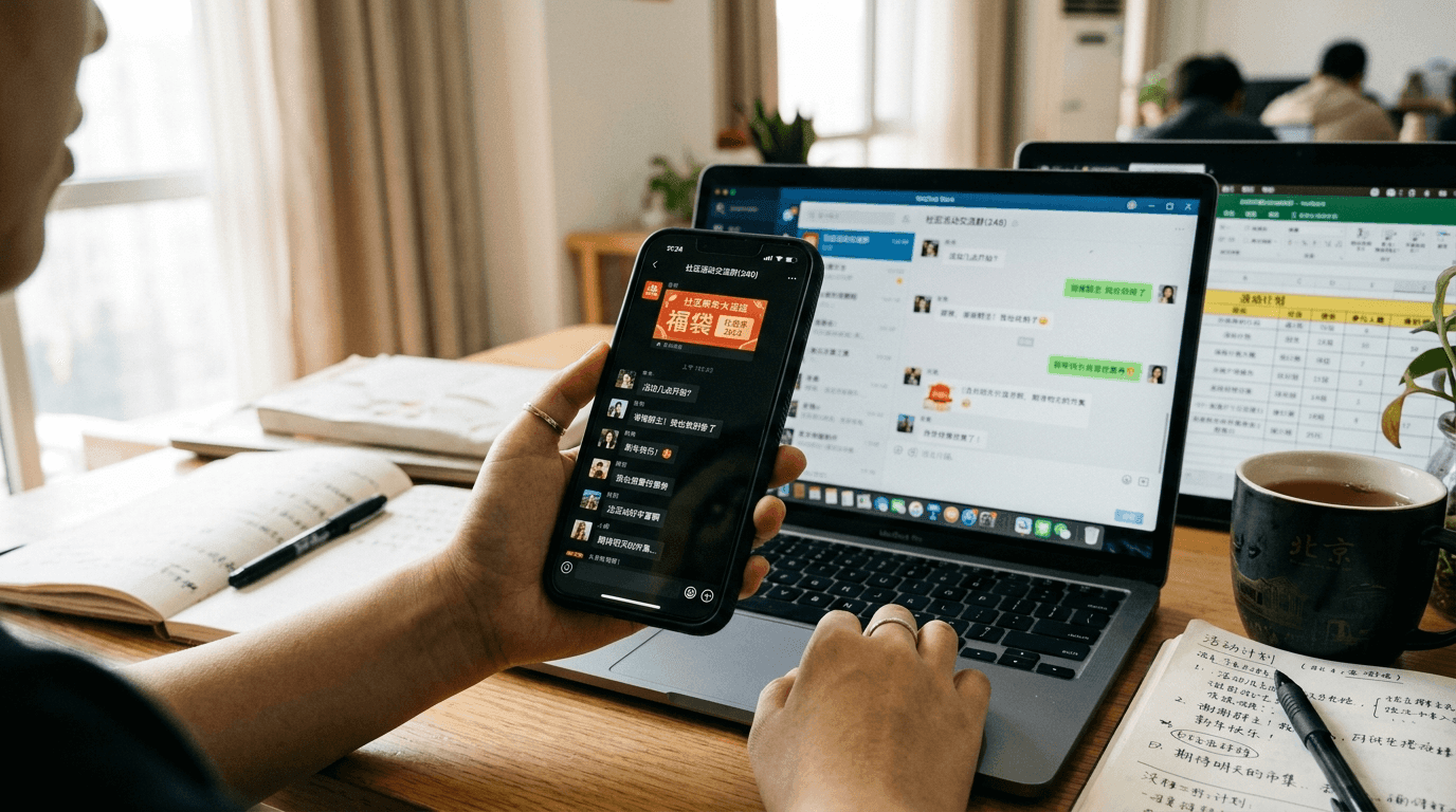 A community manager’s screen showing active WeChat group chats with a festival voucher pinned, phone and laptop side by side