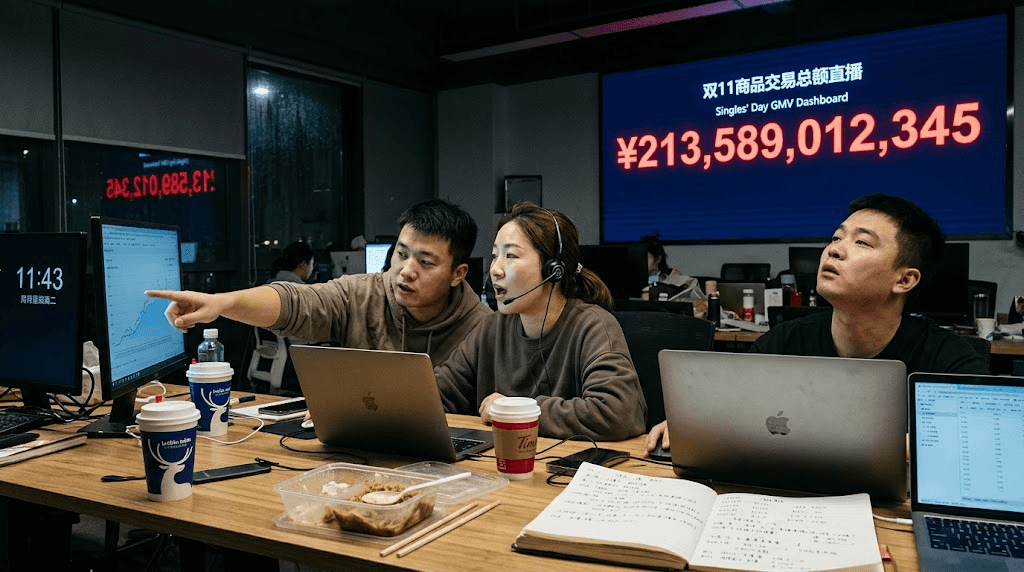 A campaign control room during a Chinese shopping festival, operators tracking a live GMV dashboard