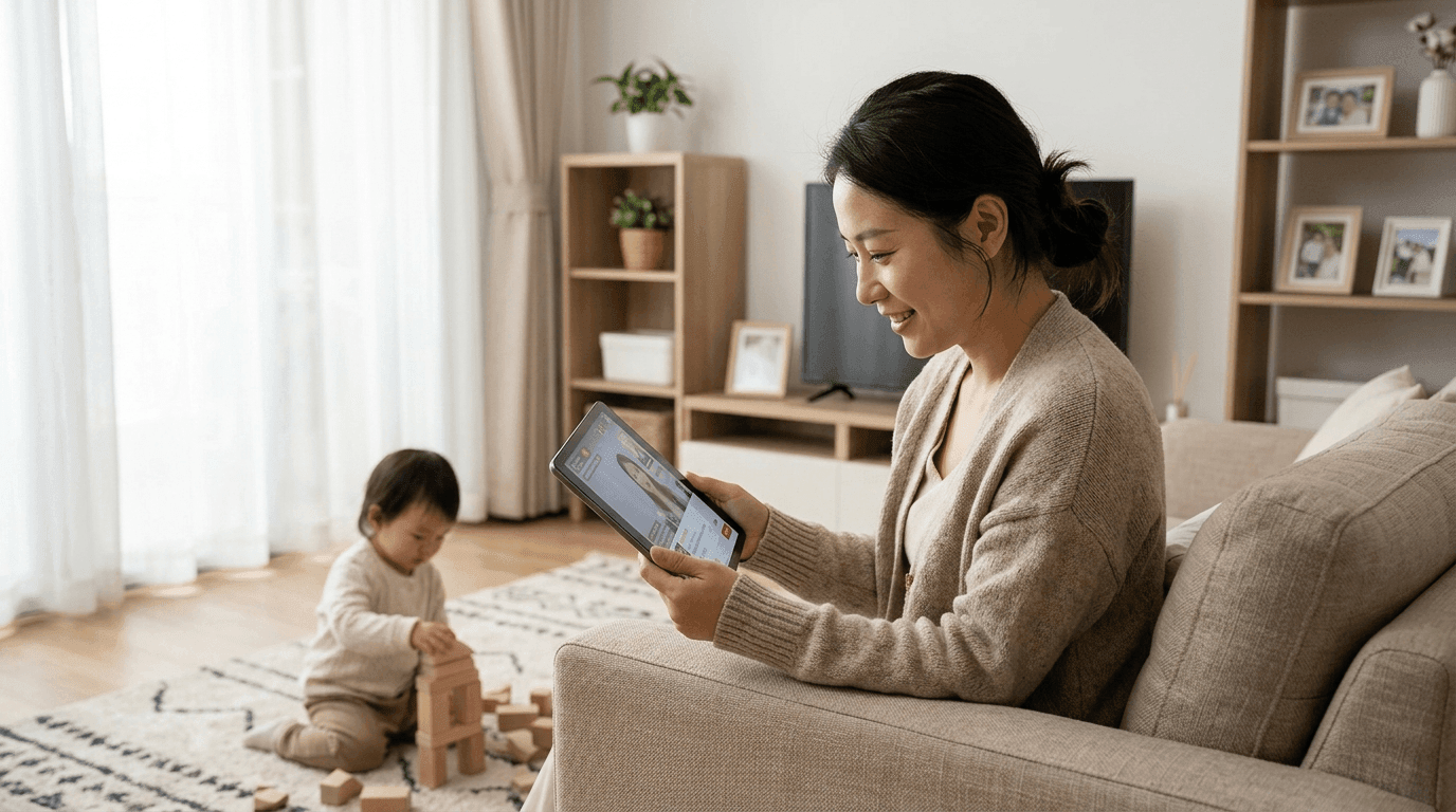 A young Chinese mother on a sofa watching a livestream commerce broadcast on her tablet while her daughter plays nearby