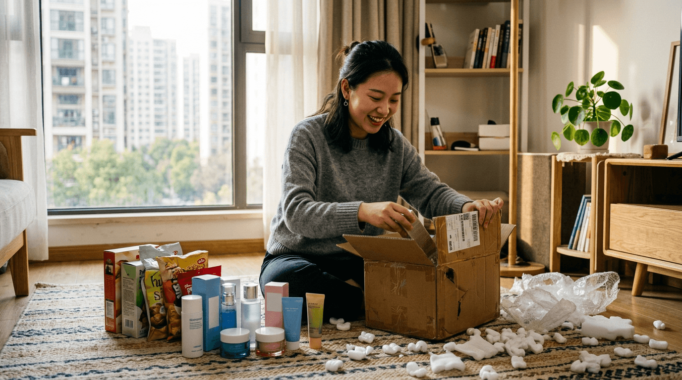 A Chinese student in a tier-2 city apartment unboxing a cross-border parcel with imported products on the floor