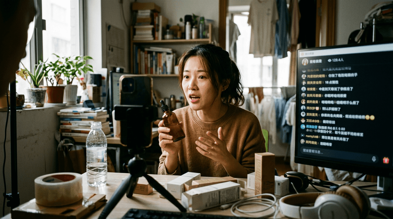 A KOL on Douyin presenting a foreign brand to her audience during a paid livestream