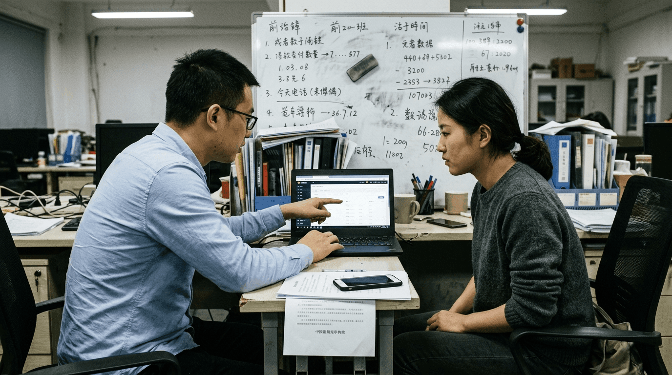 A Chinese creator and an MCN manager reviewing a contract on a laptop in a plain office, fluorescent light overhead