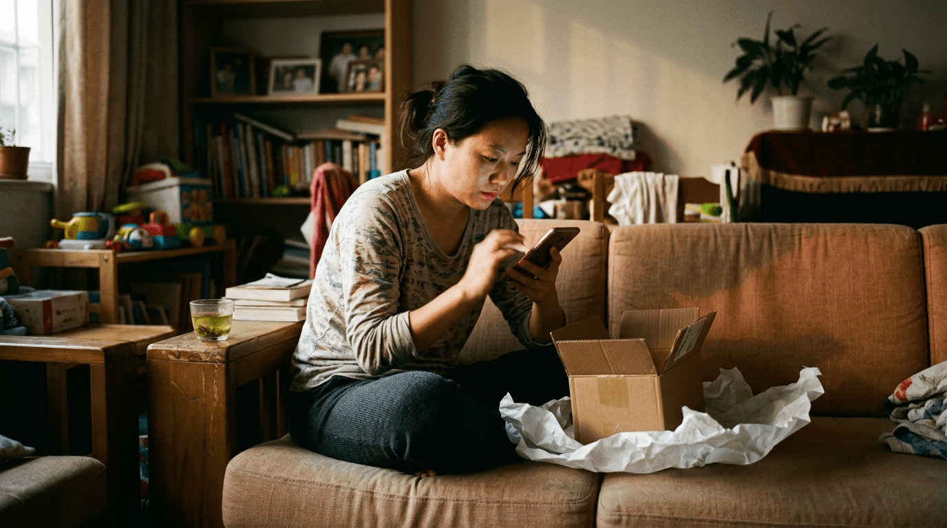 A Chinese woman scrolling her phone on a sofa, a just-opened delivery parcel beside her, the one-screen funnel made literal