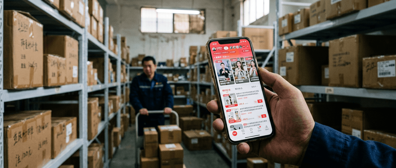 A phone showing a Douyin store page held up in a fulfilment setting, the warehouse softly out of focus in the background