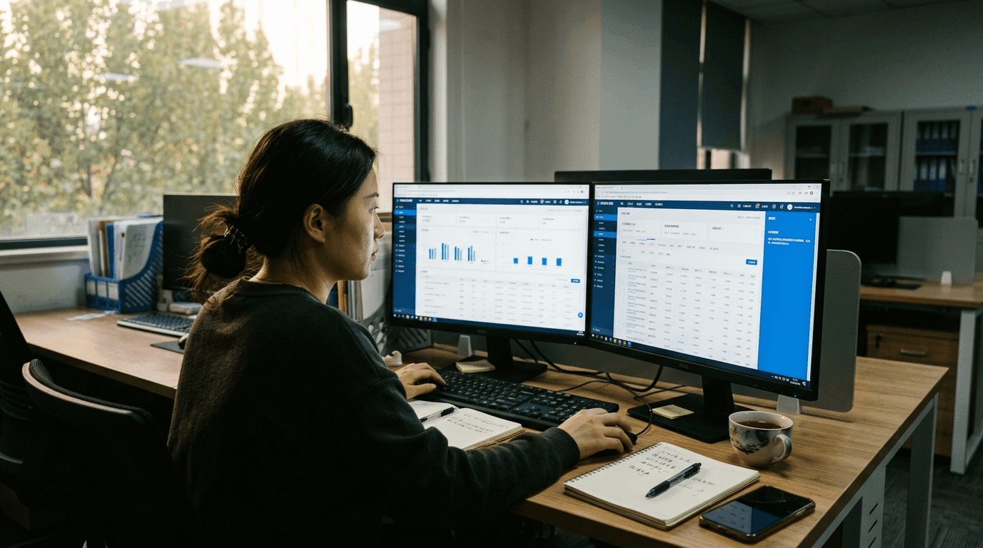 A media buyer reviewing a Tencent and ByteDance dashboard in a Shanghai office