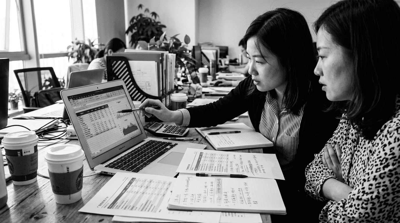 Two people at a laptop reviewing an existing ad account, one pointing at the screen, printouts with Chinese annotations on the desk