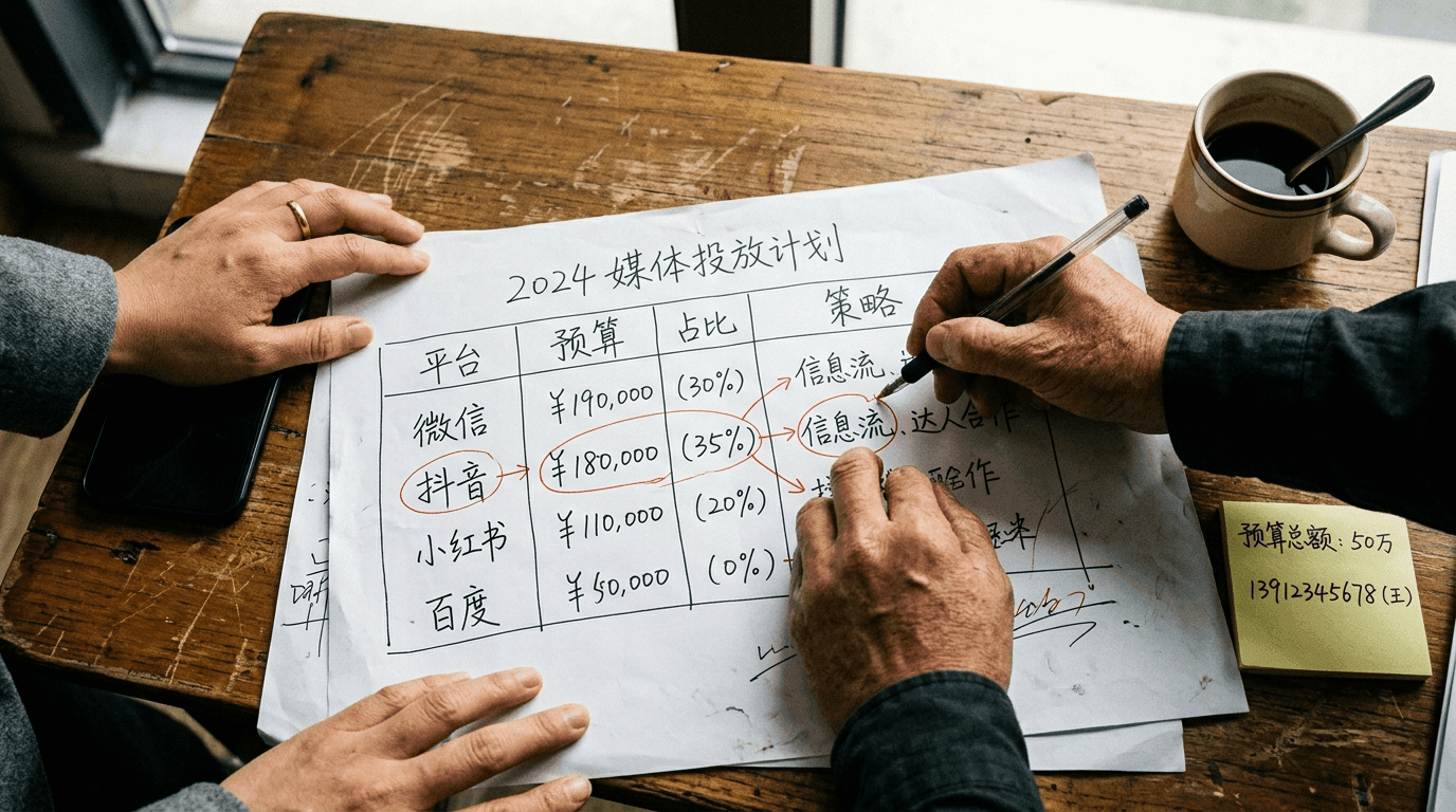 A media plan being marked up on paper or a whiteboard, Chinese platform names visible as handwritten notes