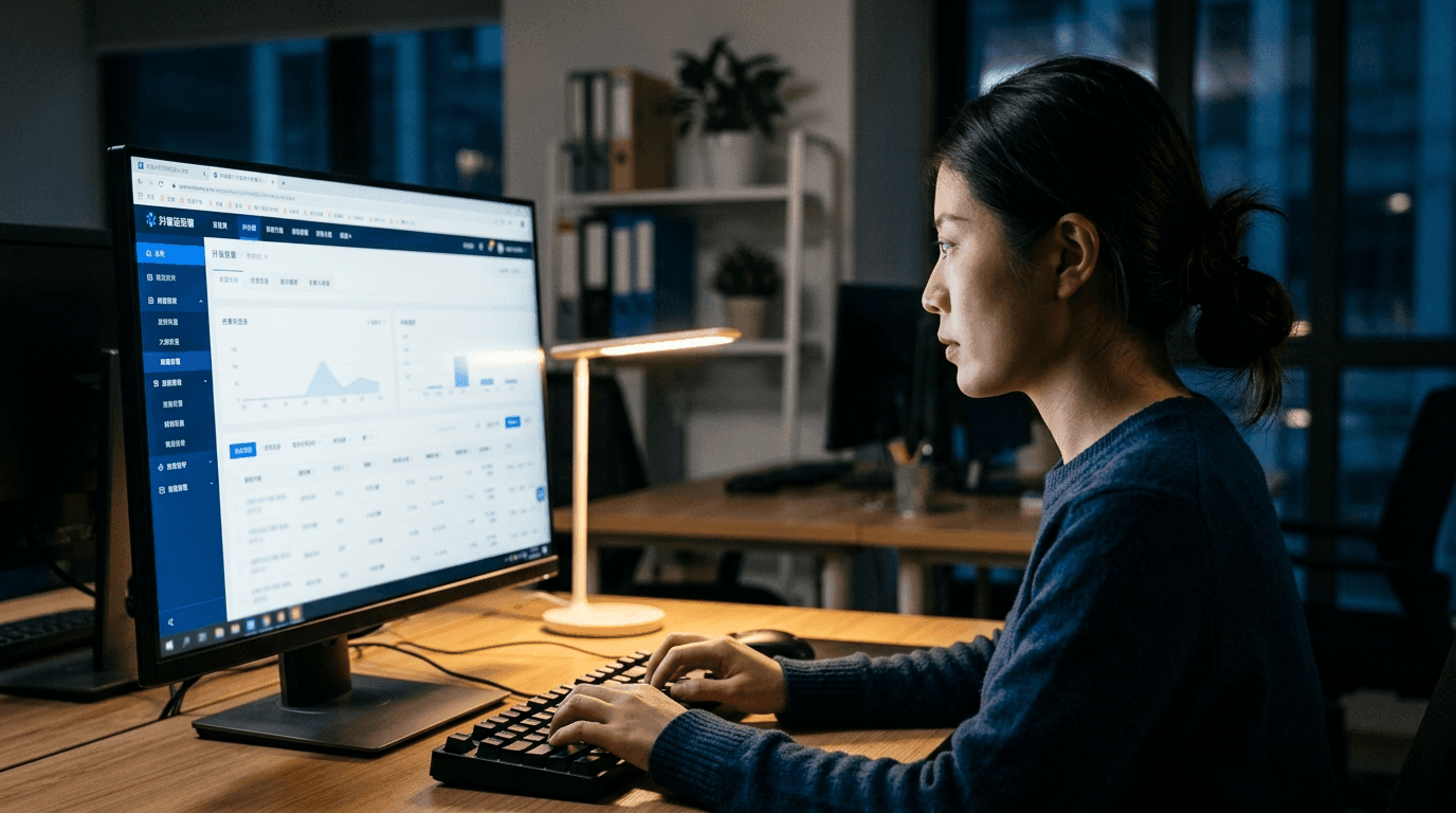 A buyer setting up a campaign on a Chinese ad platform, screen glow, evening, focused