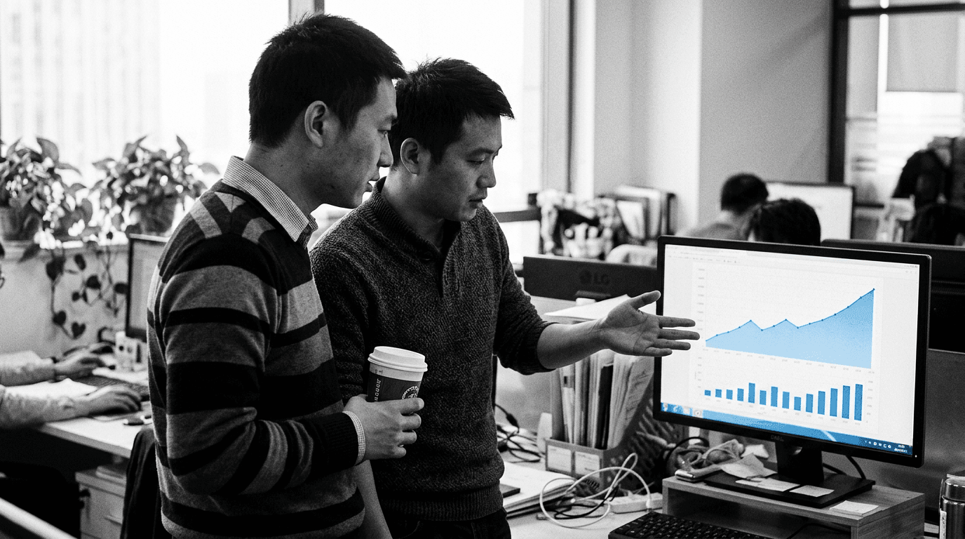 A weekly review: two colleagues at a monitor showing performance charts, mid-conversation, one holding a coffee