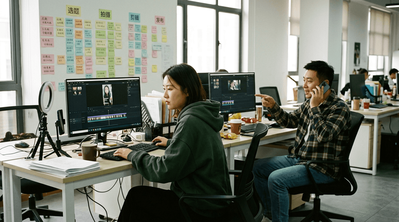 Two Chinese content editors at adjacent desks reviewing short-video edits for a Douyin feed