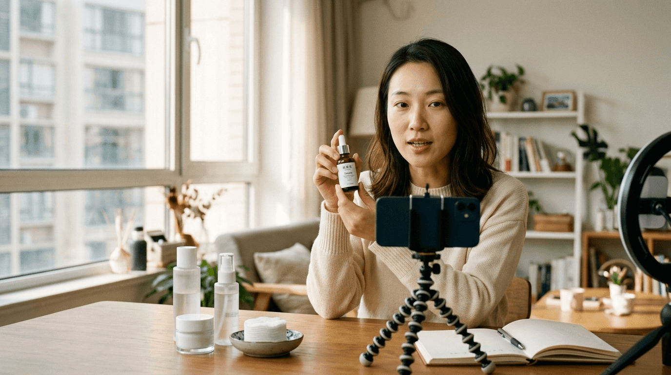 A Chinese KOL filming a RedNote skincare review by a window in natural afternoon light