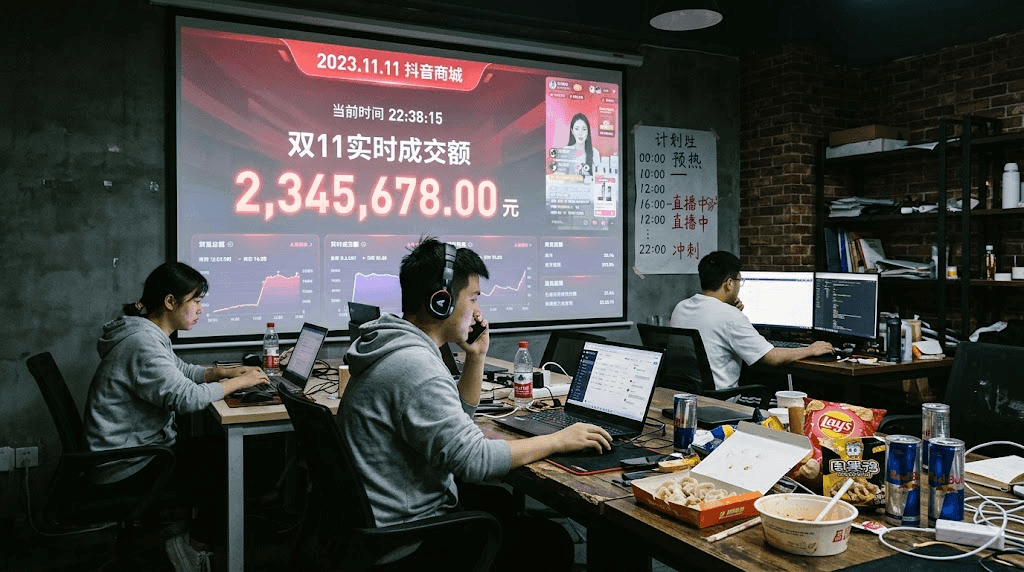A Douyin store dashboard during the 11.11 festival with the sales counter climbing in red Chinese characters