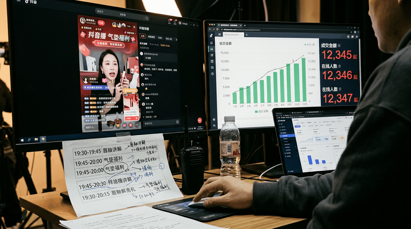A livestream control desk during a Douyin session, screens showing sales numbers and viewer counts in real time