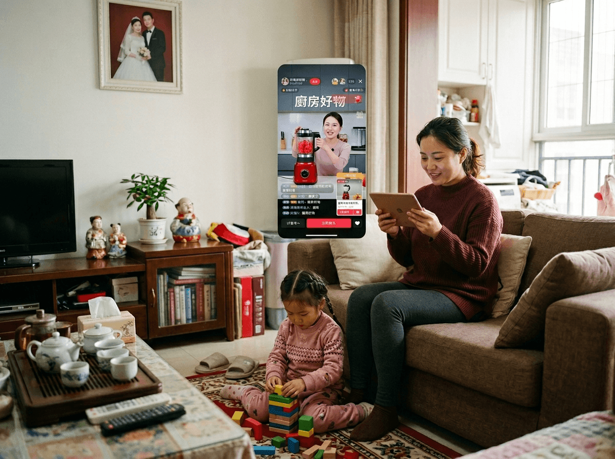 A Chinese mother watching a Douyin livestream on her tablet while her daughter plays nearby on the rug