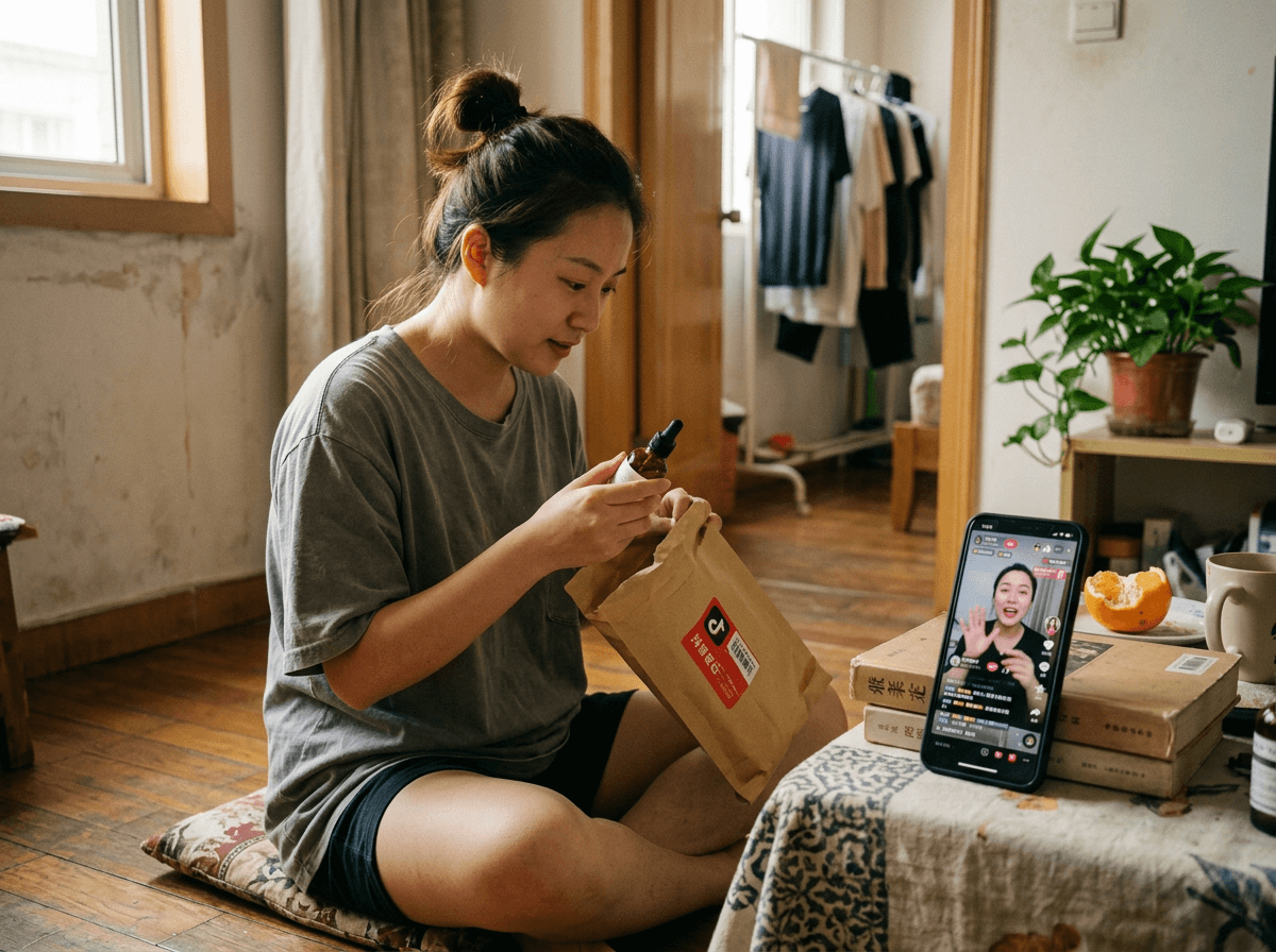 A young Chinese woman opening a Douyin parcel on the floor of her apartment, the livestream she bought from still playing on her phone