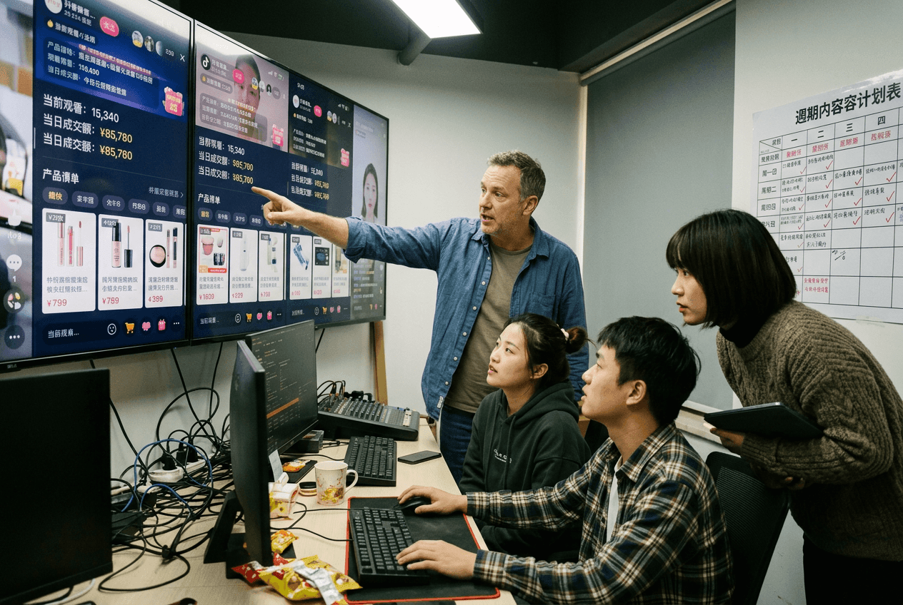 Équipe d'opérations e-commerce à Shanghai, travail en cours sur une vitrine Tmall