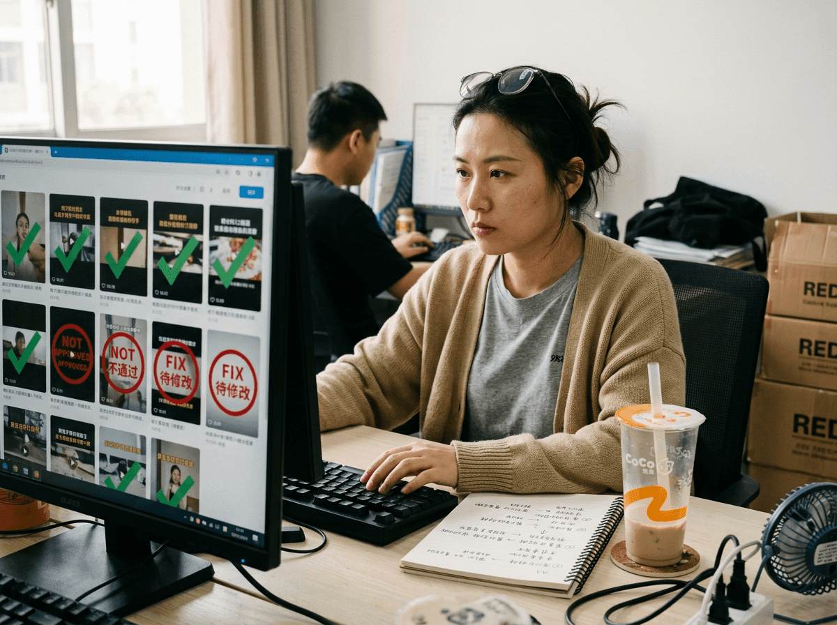 A Chinese content producer reviewing short-video drafts on a studio monitor, a notebook of handwritten Chinese notes beside her