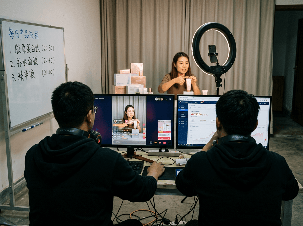A Douyin livestream room mid-session, host on camera in the back, two producers watching the live dashboard in the foreground