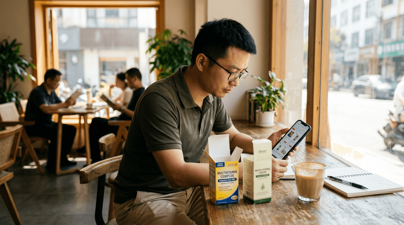A Chinese man in his late 30s comparing two imported product boxes while looking at a Chinese eCommerce app in a quiet cafe