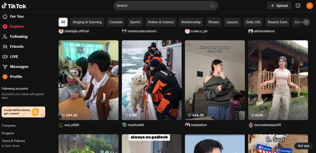 Page d'accueil de TikTok