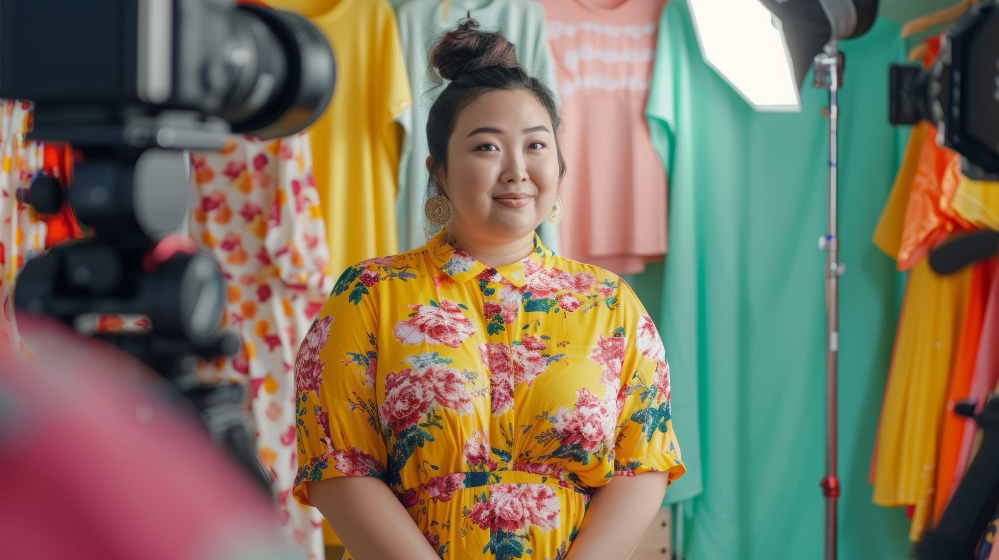 Medium shot of plus-sized woman influencer